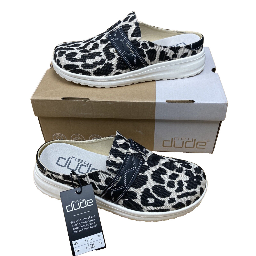 Hey Dude Nora | Black Cheetah | Women's Lightweight Casual Slip On Shoes |Size 8